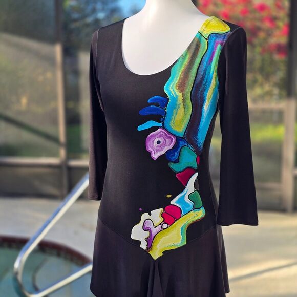 Eva Varro Stretch Scoop Neck Abstract Art Asymmetric Blouse Size S - Picture 5 of 10